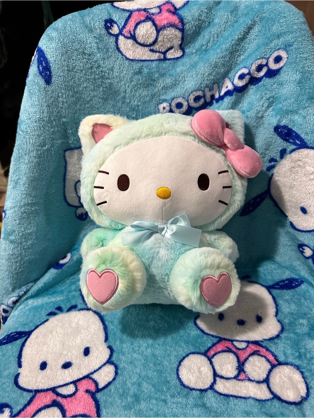 Sanrio Hello Kitty Plush in Mint Green with Pink Bow and Hearts